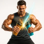 ورزشکاری قدرتمند در حال فشردن دو شیکر مکمل است و از میان آن‌ها انرژی آبی و طلایی به بالا فوران می‌کند، نماد هم‌افزایی مکمل‌ها.