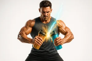 ورزشکاری قدرتمند در حال فشردن دو شیکر مکمل است و از میان آن‌ها انرژی آبی و طلایی به بالا فوران می‌کند، نماد هم‌افزایی مکمل‌ها.